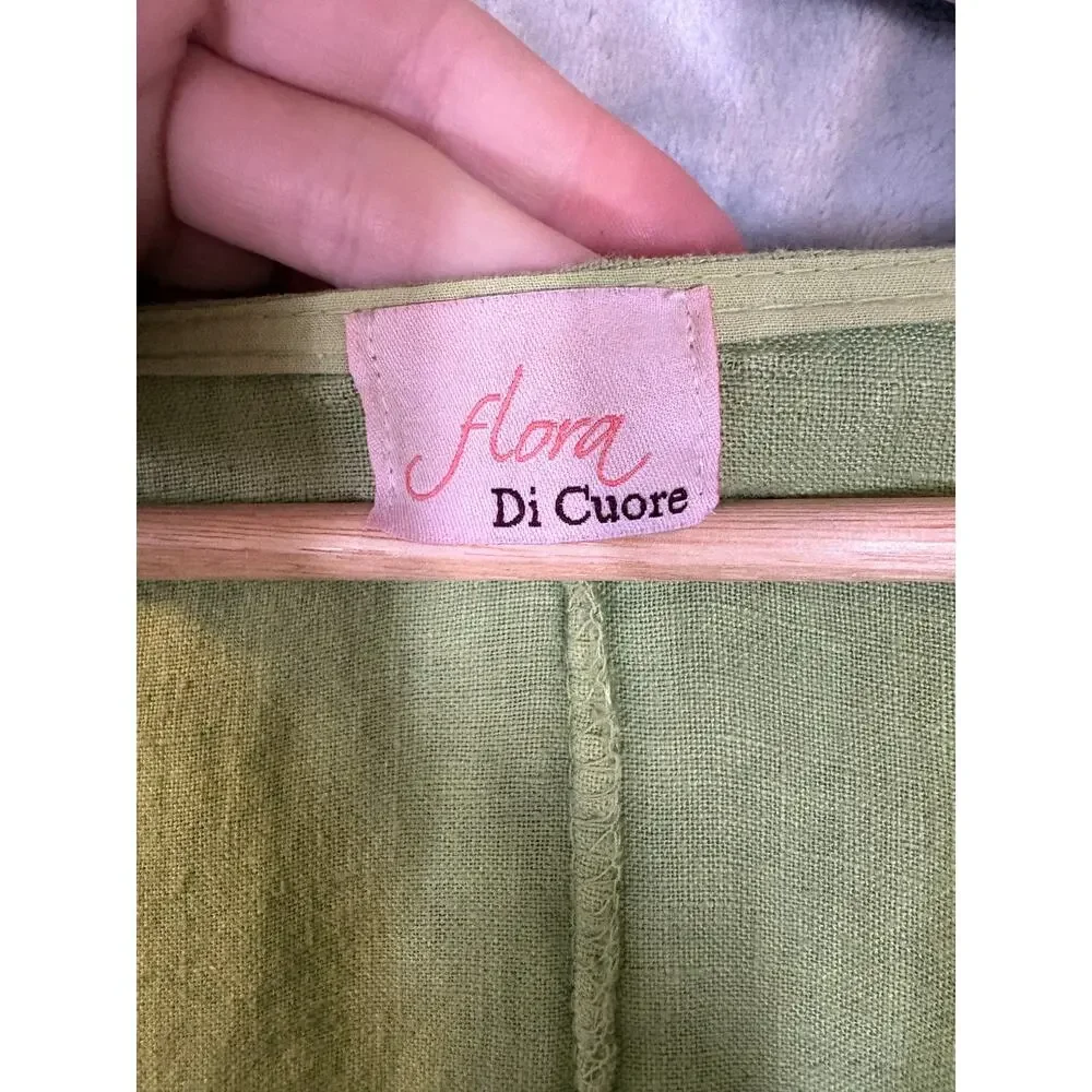 Green 100% Italian Linen Watercolor Floral Lagenlook Hobo Grunch Dress 0S Bubble